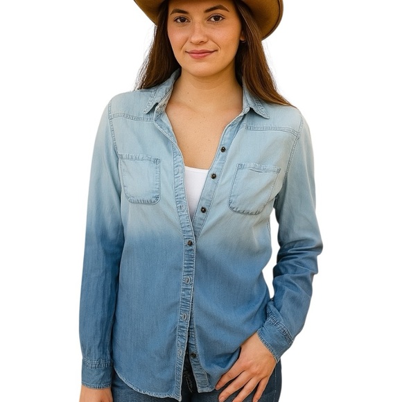 Maurices Tops - Maurices Small Denim Chambray Long Sleeve Button Up Shirt Bleached Dip Dye